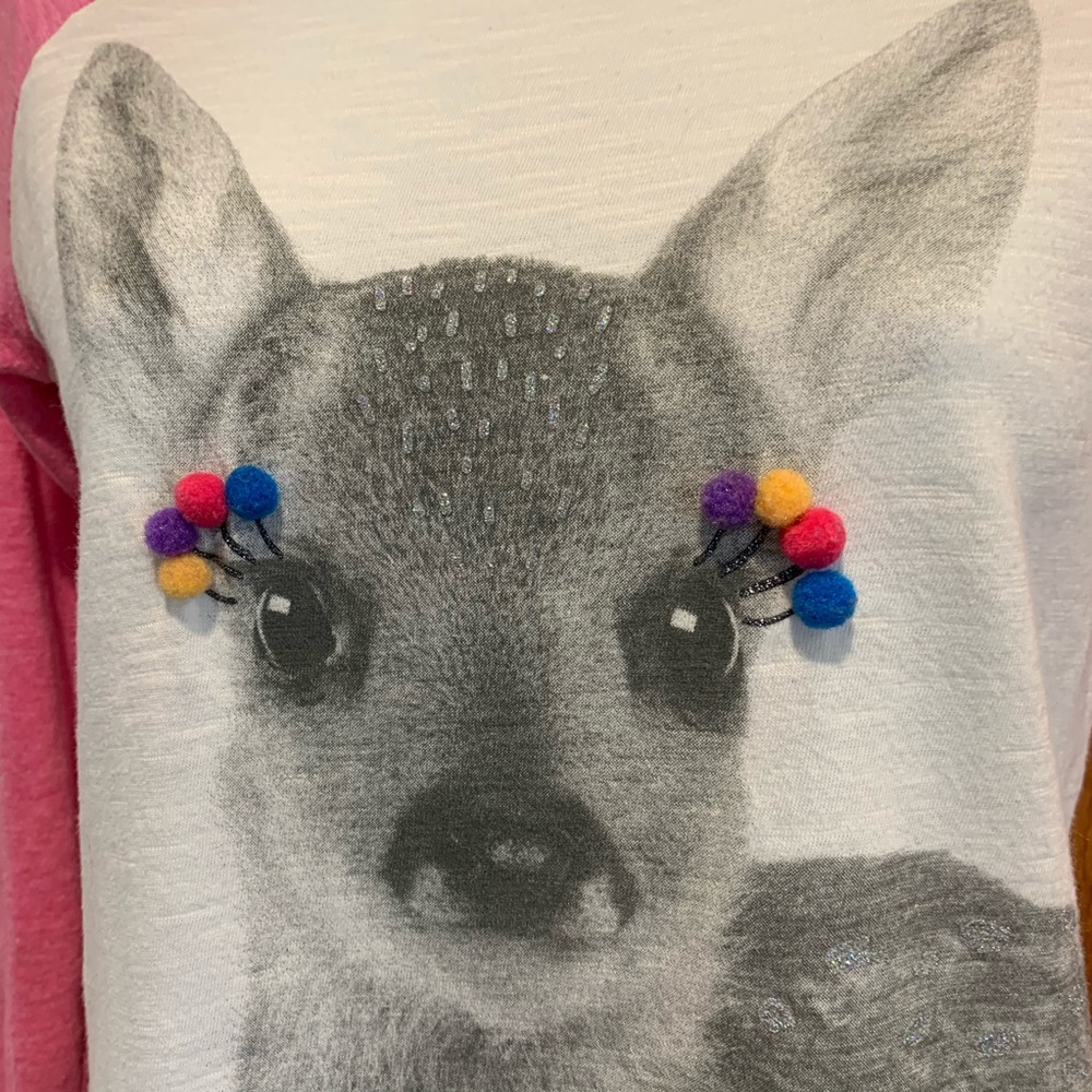 Cat & Jack Fawn With Pompoms Pink & White Girls 10/12 Long Sleeve Raglan Tee - Picture 4 of 8